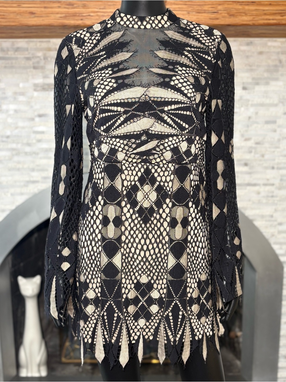 Free People Deco Lace Mini Dress - Black & Beige Bell Sleeve Boho - size 6